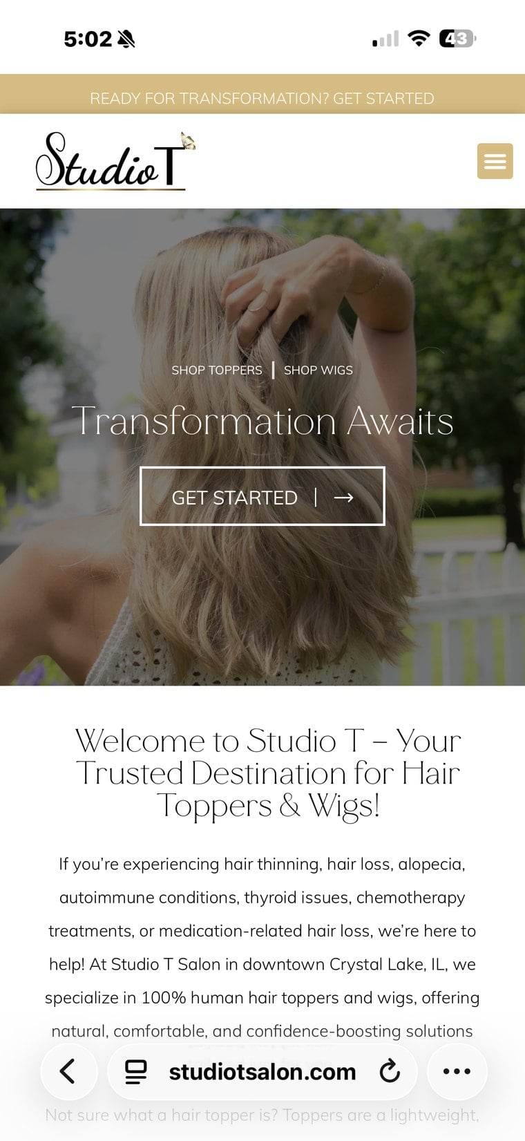 Studio T Salon website, mobile view